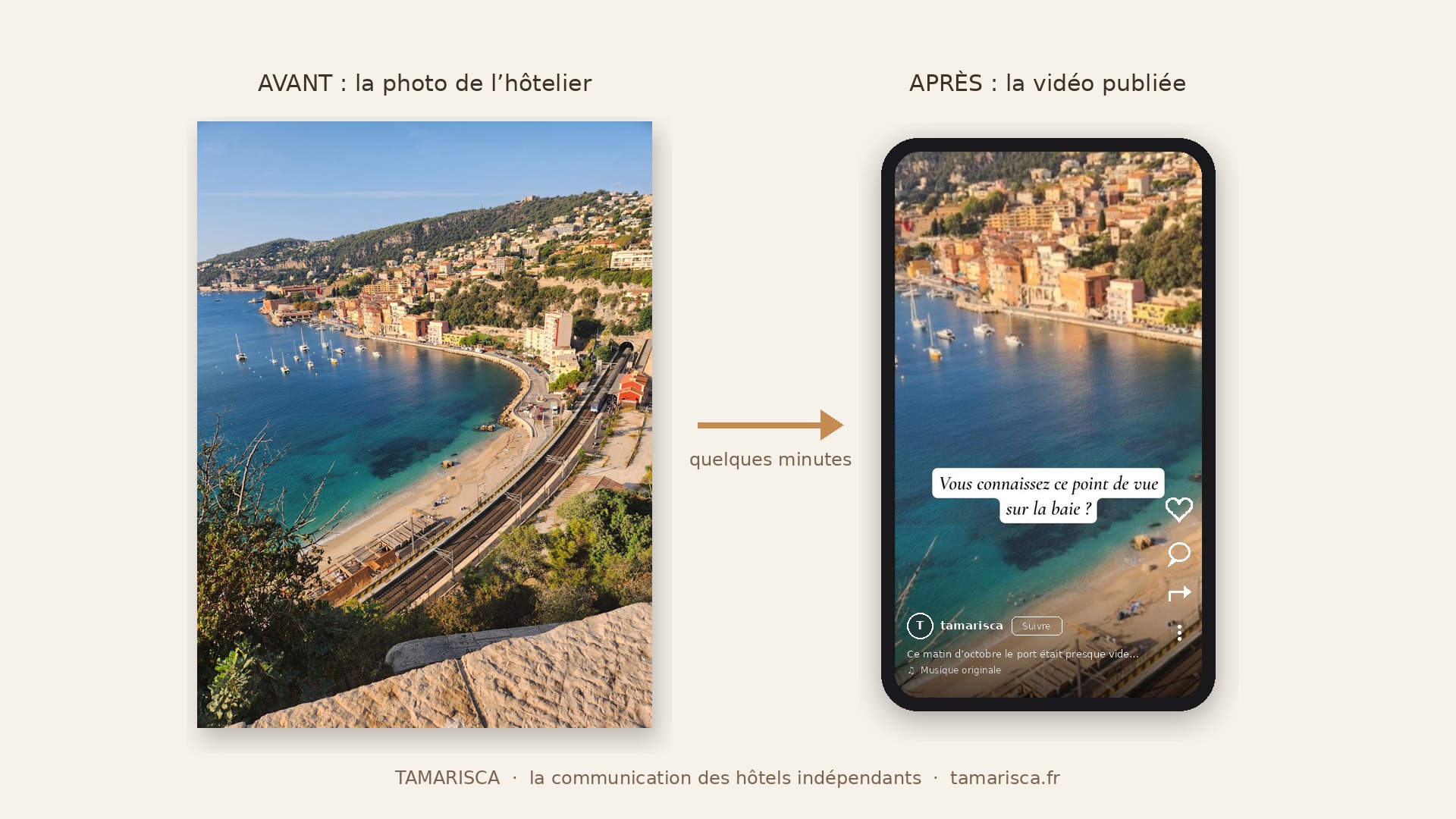 Avant : une photo de la baie de Villefranche-sur-Mer. Après : la même photo devenue vidéo prête à publier sur un téléphone.